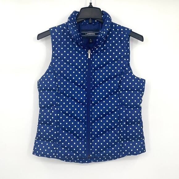 Lands' End Women's Size Small Down Puffer Vest Blue Full Zip White Polka Dots - Picture 1 of 8